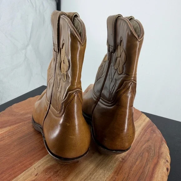 vintage flower inlay ankle western boots brown leather short cowgirl boho sz 7.5 - Picture 6 of 10